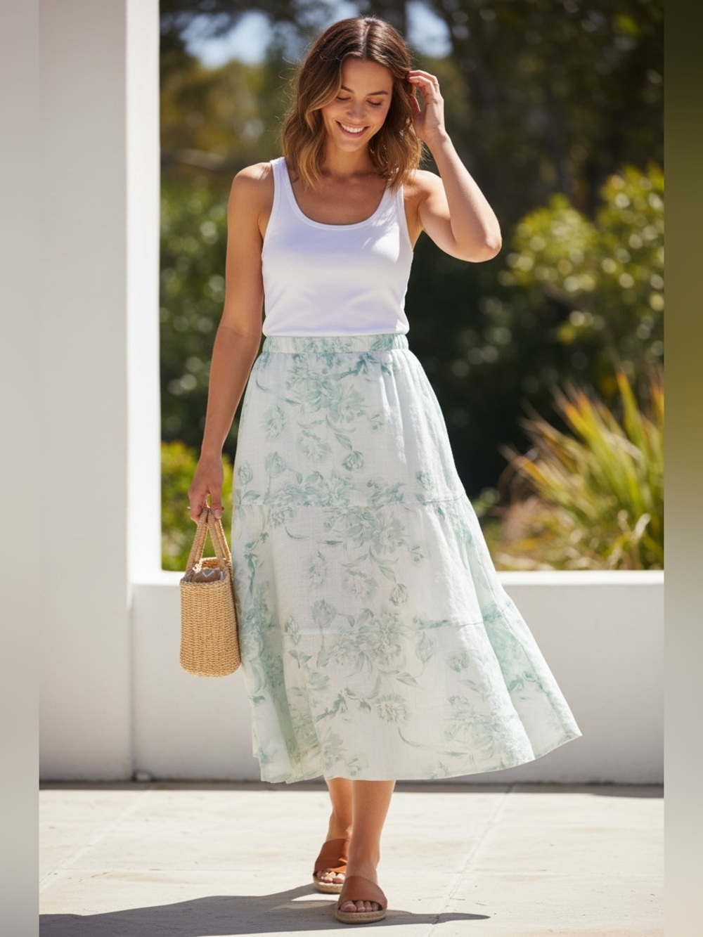 Rafaella Light Green 100% Linen Floral Fit & Flare Skirt Size 12